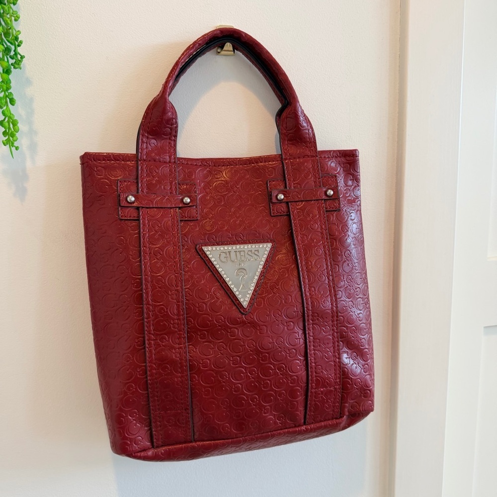 GUESS Y2K Burgundy Monogram Hand Bag Signature Silver Triangle Rhinestone Logo - Picture 2 of 15